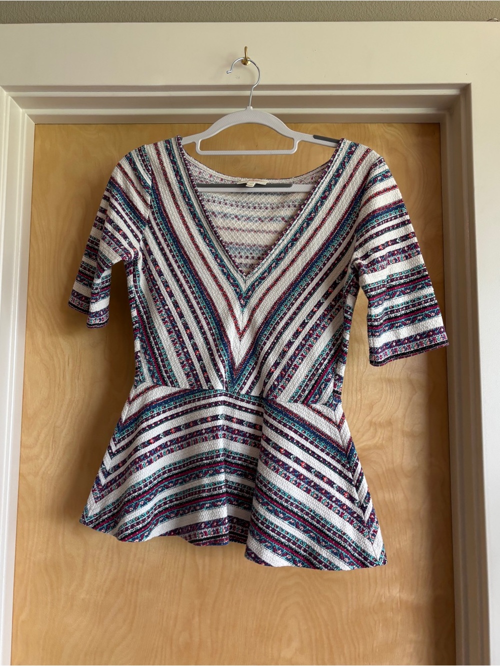 Deletta Anthropologie Peplum Top S Boho Striped Textured Knit V-Neck